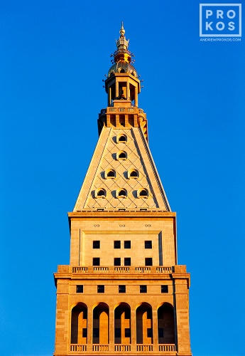 An architectural photograph of the tower of the MetLife Building at sunset, New York City