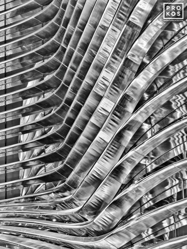 Black and white photography of curved stainless steel ribs from a contemporary architectural facade. Large-scale fine art prints of this photo are available up to 80 inches and framed in various styles.