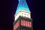 A view of the MetLife Building tower at night, New York City
