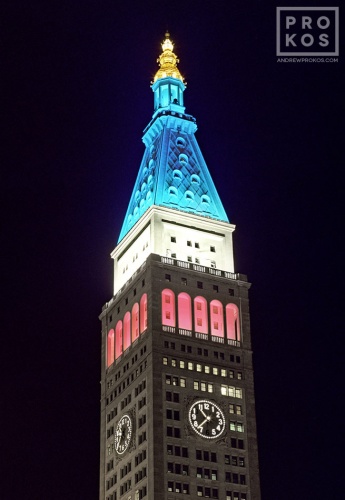 A view of the MetLife Building tower at night, New York City