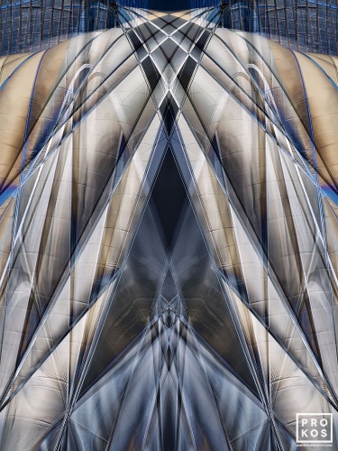 An architectural abstract photograph from the series Metropolis Abstracted, by photographer Andrew Prokos. Large-scale framed prints of this photo are available up to 80 inches in height
