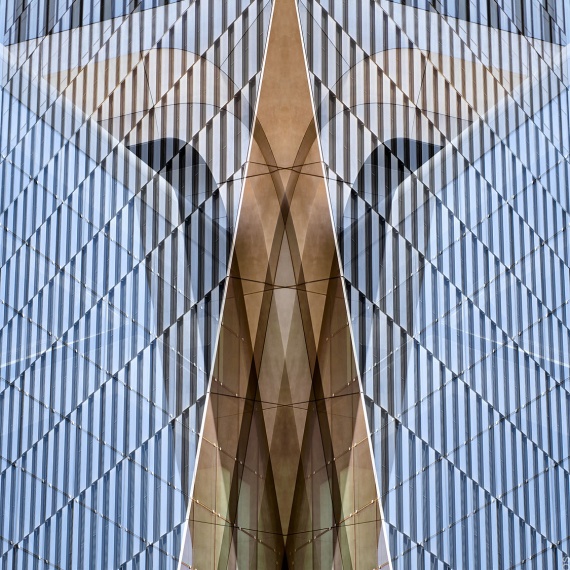 An architectural abstraction photograph from the series Metropolis Abstracted, by photographer Andrew Prokos. Large-scale framed prints of this photo are available up to 80 inches in height