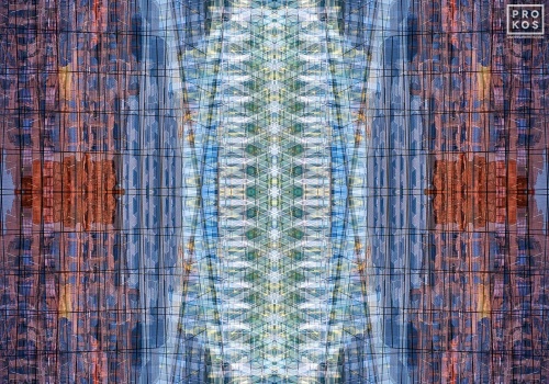 An architectural abstraction photograph from the series Metropolis Abstracted, by photographer Andrew Prokos. Large-scale framed prints of this photo are available up to 80 inches in width
