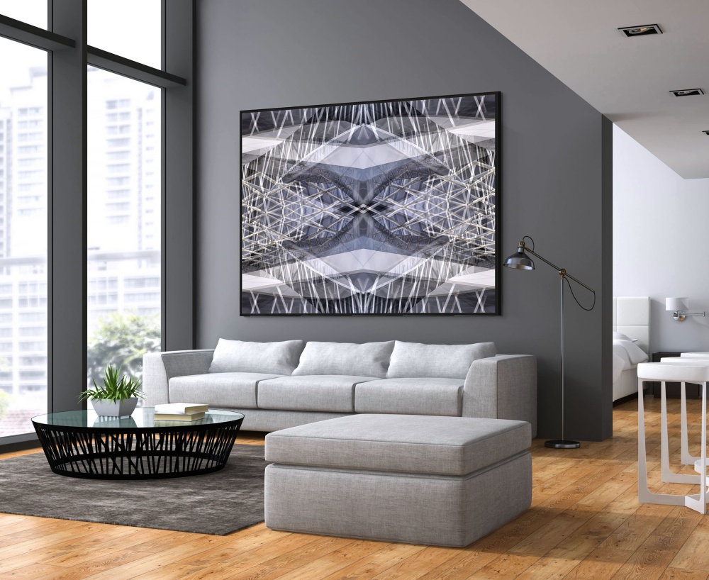 A large-format framed abstract photo from the series Metropolis Abstracted by fine art photographer Andrew Prokos, seen in a luxury home.