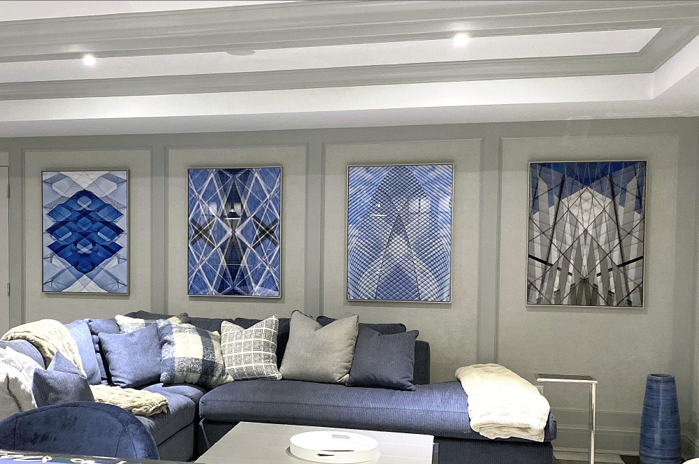 A set of limited edition abstract photographs in tones of blue from the series 'Metropolis Abstracted' by photographer Andrew Prokos on display in the Connecticut residence of a new collector.