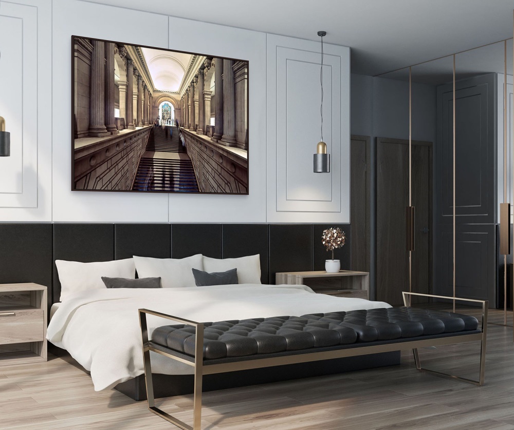 A limited edition framed photograph of the interior of the Metropolitan Museum in New York City by fine art photographer Andrew Prokos as seen in a luxury home.