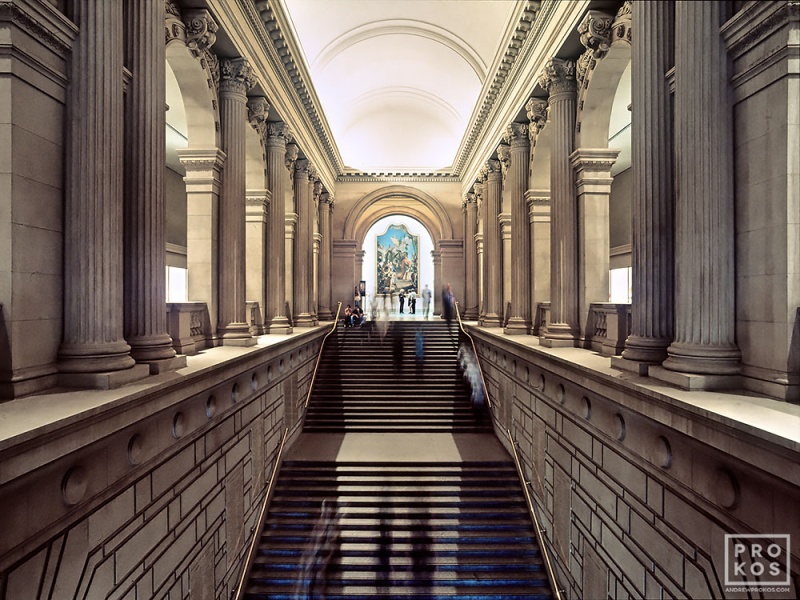 A long-exposure photo of the stairs from the Great Hall to the European Paintings galleries of the Metropolitan Museum of Art by Photographer Andrew Prokos