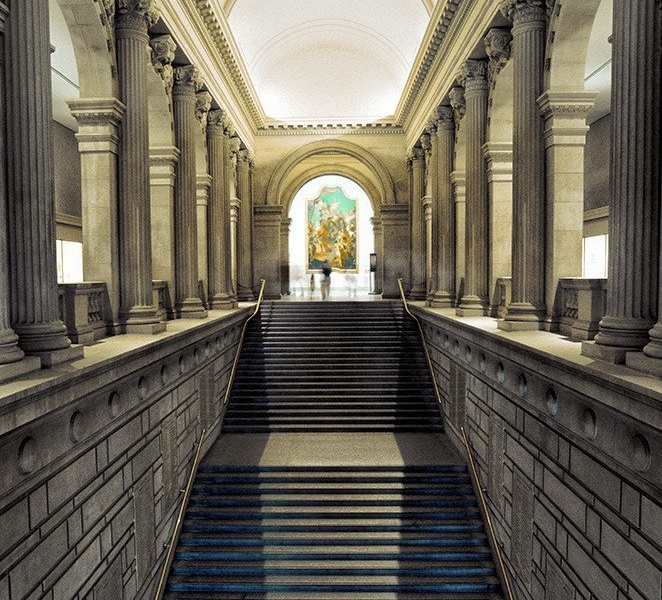An architectural interior view of the Metropolitan Museum of Art's grand staircase leading to the European Paintings collection by photographer Andrew Prokos