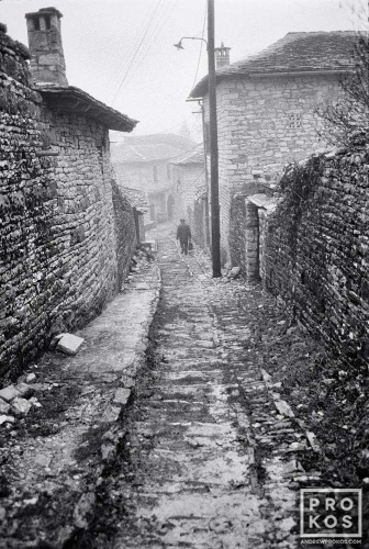 A view of the stone houses and paths of Metsovo village, Epirus in black and white