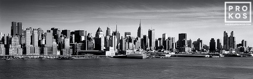 A panoramic fine art photo of Midtown and Lower Manhattan in black and white as seen from New Jersey