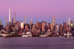 A high-definition panoramic skyline of the west side of Midtown Manhattan at dusk stretching from Via57 to the Empire State Building. This view includes the supertall towers of Billionaire's Row, including; MOMA tower, One57, 111 W. 57th Street, 432 Park Avenue, and 220 Central Park South.  Also shown are One Vanderbilt, 270 Park Avenue (JP Morgan Chase tower). High-definition fine art prints of this photo are available up to 250 inches in width and framed in contemporary styles.
