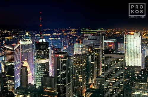 A view of the skyscrapers of Midtown Manhattan at night as seen from the Empire State Building, New York City