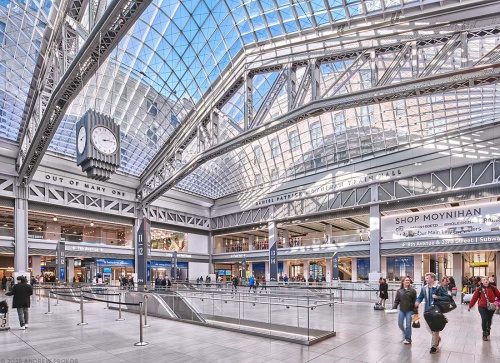 View of the main concourse of Moynihan Train Hall, Penn Station / Farley Building in New York City as seen during the day. Photo by architectural photographer Andrew Prokos for Vornado. The architect is Skidmore, Owings & Merrill (SOM). Fine art prints are available framed in various styles.