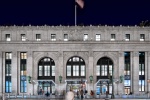 An architectural view of the west facade of Moynihan Train Hall / the Farley Building as seen at night. Captured by architectural photographer Andrew Prokos for Vornado Realty Trust. The renovation architect is Skidmore, Owings & Merrill (SOM). Framed fine art prints of this photo are available in wood, metal and acrylic styles.