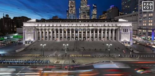 A view of the Farley Building and Moynihan Train Hall in Manhattan, New York, as captured at dusk by fine art and architectural photographer Andrew Prokos