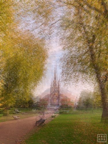 Multiple-exposure landscape photography of Kensington Gardens and the Albert Memorial in London from Andrew's photography series "Multiplicity". Composed of multiple exposures of the scene layered to form a larger impressionistic image. Limited edition fine art prints available up to 80"