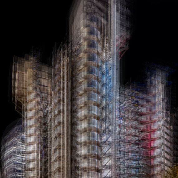 A multiple-exposure view of the Lloyd's Building in London at night, from Andrew's series "Multiplicity". Composed of multiple exposures of the scene layered to form a larger impressionistic final image. Limited edition prints of this photo are available up to 72 inches in height.