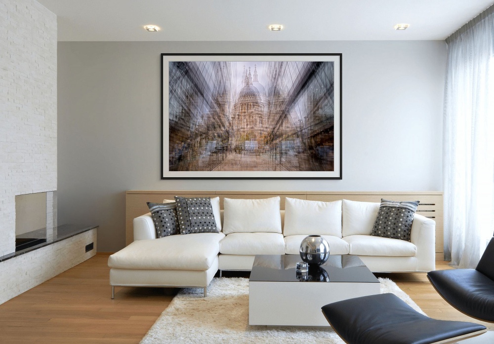 A large-scale framed print of St. Paul's Cathedral in London from the multiple-exposure series "Multiplicity" by fine art photographer Andrew Prokos, seen in a luxury home.