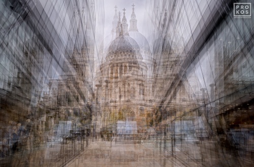 A multiple-exposure view of St. Paul's Cathedral reflected in a mirrored passageway, London, UK. Composed of multiple exposures of the scene layered to form a larger impressionistic image. Limited edition fine art prints available up to 72 inches.