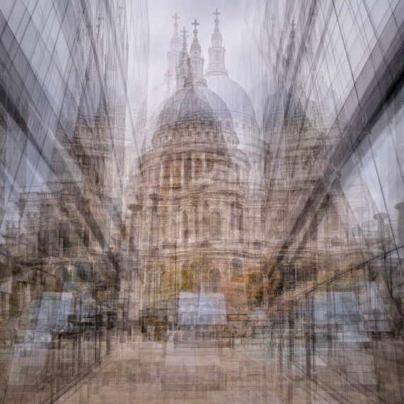 A multiple-exposure view of St. Paul's Cathedral reflected in a mirrored passageway, London, UK. Composed of multiple exposures of the scene layered to form a larger impressionistic image. Limited edition fine art prints available up to 72 inches.