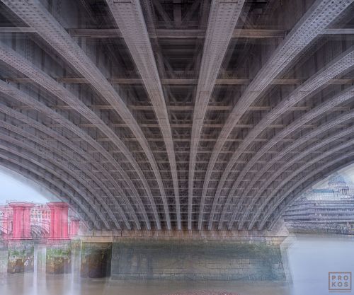 A multiple-exposure view from under Blackfriar's Bridge in London, UK from Andrew's photography series "Multiplicity". Composed of multiple exposures of the scene layered to form a larger impressionistic image. Limited edition fine art prints of this photo are available up to 80 inches in width and framed in various wood, metal, and acrylic styles.