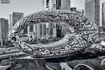 An elevated view of Dubai's new Museum of the Future in black and white by photographer Andrew Prokos