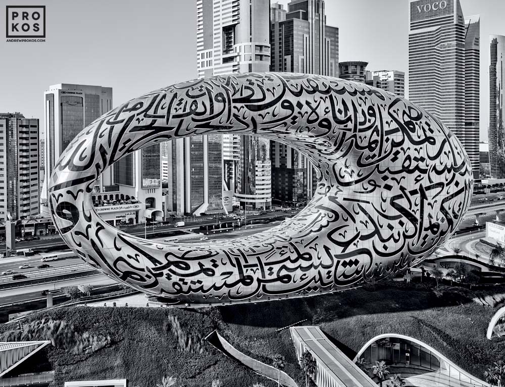 View Of Dubai Museum Of The Future - Black & White Photo By Andrew Prokos