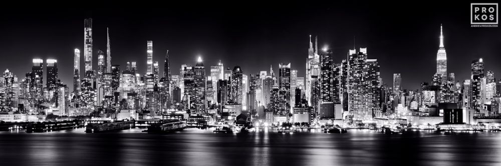 New York City Lights Night Skyline (B&W)