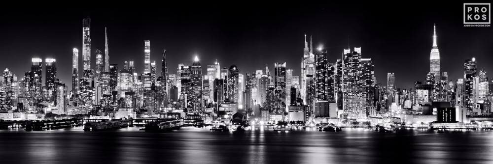 New York City Lights Night Skyline - B&W Photography - PROKOS