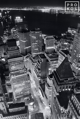 Aerial View of the Financial District and New York Harbor at Night