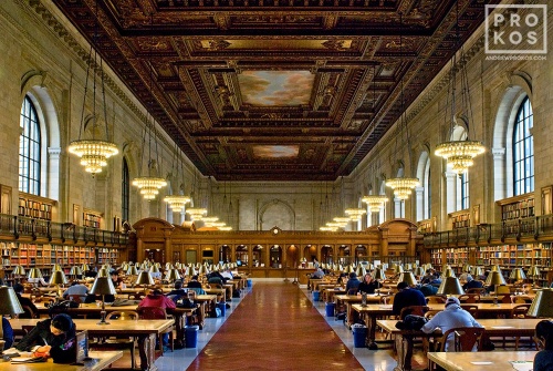 Interior of the New York Public Library's main reading room, New York City. Fine art prints of this photo are available framed in various styles. 