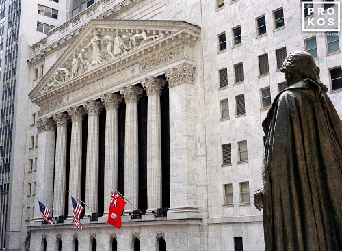 A high-definition architectural photo of the exterior of the New York Stock Exchange (NYSE) in color.  Framed fine art prints of this photo are available in various sizes. 