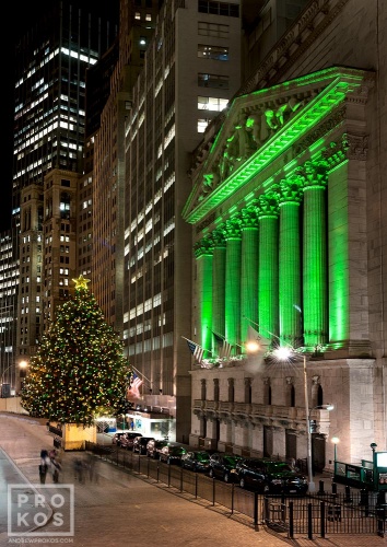 A fine art photo of the illuminated New York Stock Exchange (NYSE) at night during the Christmas holiday