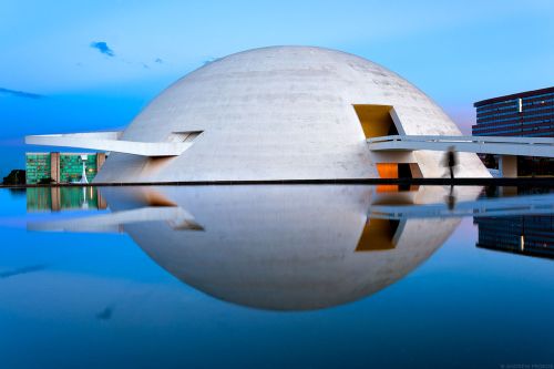 A view of the National Museum of Brasilia at Dusk, from the series 'Niemeyer's Brasilia' by photographer Andrew Prokos