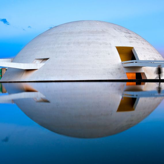 A view of the National Museum of Brasilia at Dusk, from the series 'Niemeyer's Brasilia' by photographer Andrew Prokos
