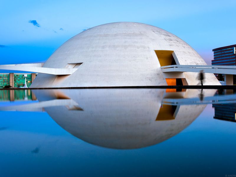 A view of the National Museum of Brasilia at Dusk, from the series 'Niemeyer's Brasilia' by photographer Andrew Prokos