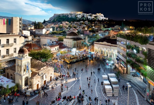 A cityscape photo of the Acropolis and Monastiraki neighborhood of Athens, Greece transitioning from day to night, from Andrew's award-winning Night & Day series.