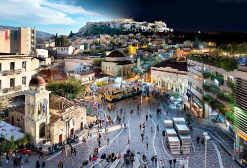 A cityscape photo of the Acropolis and Monastiraki neighborhood of Athens, Greece transitioning from day to night, from Andrew's award-winning Night and Day series.