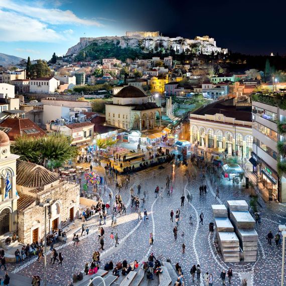 A cityscape photo of the Acropolis and Monastiraki neighborhood of Athens, Greece transitioning from day to night, from Andrew's award-winning Night and Day series.