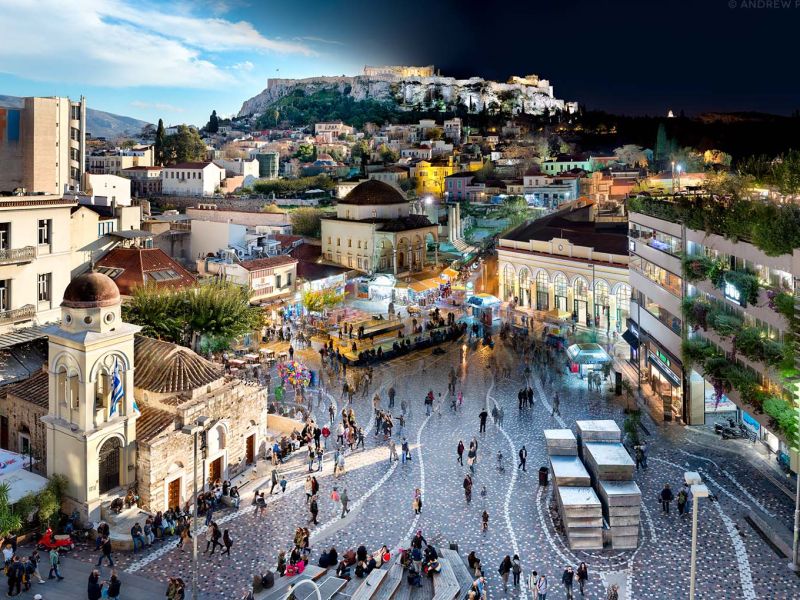 A cityscape photo of the Acropolis and Monastiraki neighborhood of Athens, Greece transitioning from day to night, from Andrew's award-winning Night and Day series.
