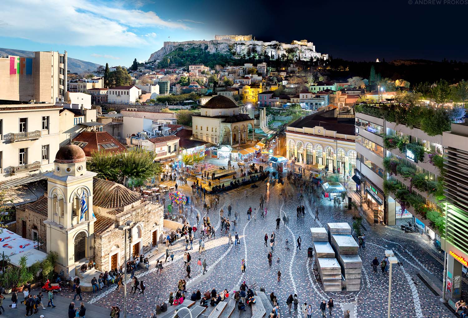 A cityscape photo of the Acropolis and Monastiraki neighborhood of Athens, Greece transitioning from day to night, from Andrew's award-winning Night and Day series.
