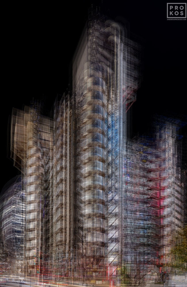 A multiple-exposure view of the Lloyd's Building in London at night, from Andrew's series "Multiplicity". Composed of multiple exposures of the scene layered to form a larger impressionistic final image. Limited edition prints of this photo are available up to 72 inches in height.