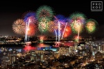 A long-exposure photo of the fireworks bursting over the Hudson River during New York's Fourth of July Celebration at night