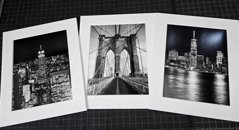 A trio of New York City black and white fine art prints with hand-cut 8-ply archival mats by photographer Andrew Prokos