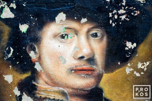 A New York City street mural of a portrait in the style of the painter Rembrandt