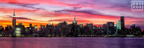 A large-format panorama of New York's skyline as seen from Brooklyn during a colorful early dusk