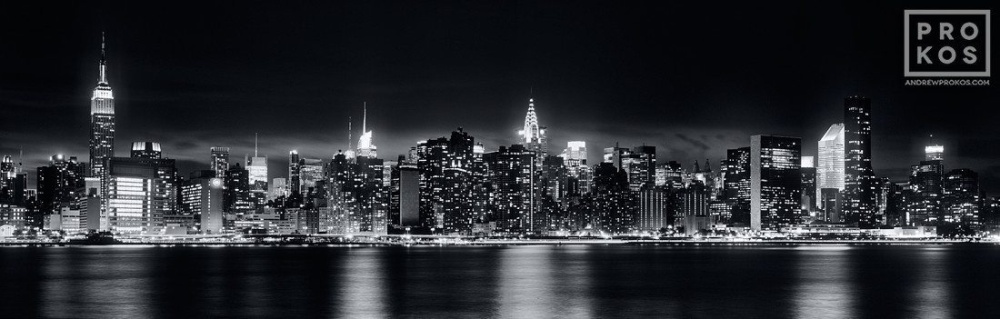 Panoramic Skyline of New York City at Night (B&W)