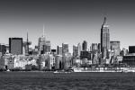 A black and white panoramic skyline of New York City and the Hudson River, available as a large-format fine art print framed in various styles.
