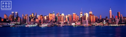 A large format panoramic photo of the New York skyline as seen from Weehawken, New Jersey at dusk