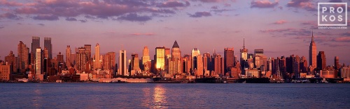 A panoramic view of the New York skyline as seen from Weehawken, New Jersey at sunset